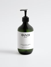 Flasche mit schwarzem Pumpspender, grün getönt, Etikett mit Marke 'ΦΙΛΟΙ', sanfte Grapefruit-Duschgel, 490 ml;