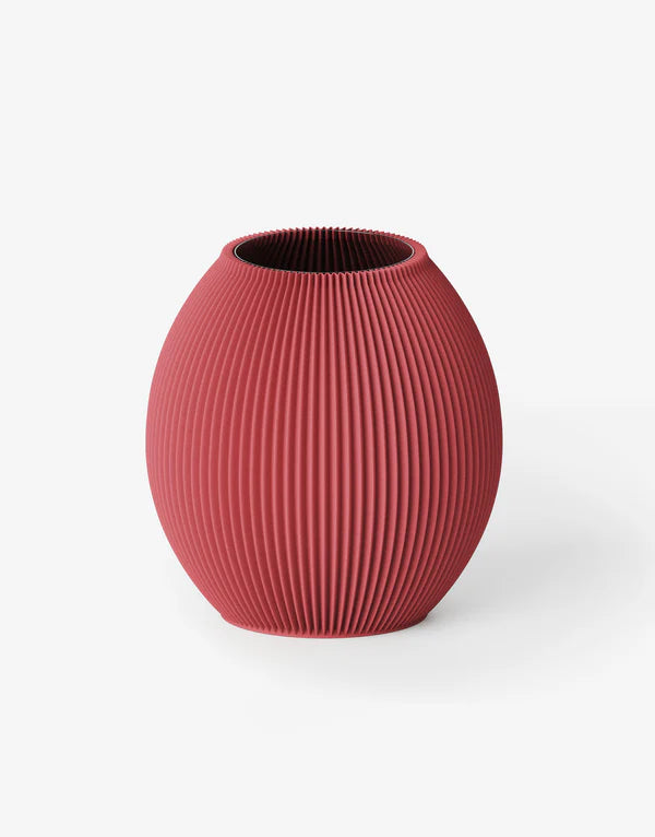 Kugelförmige Vase mit gerippter Oberfläche in Rot;